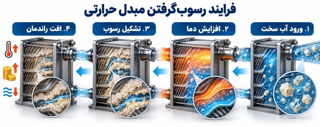 اینفوگرافی مراحل رسوب گرفتن مبدل حرارتی 